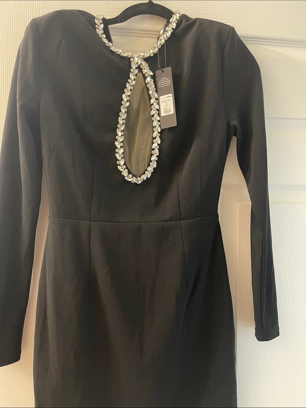 Fashion Nova Black Long-Sleeve Jewel-Trim Keyhole Sheath Dress